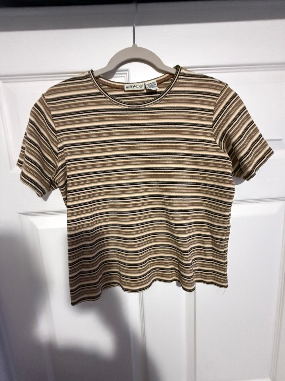 Y2K White Stag Striped Baby Tee Medium Brown Beige 100% Cotton 2000s